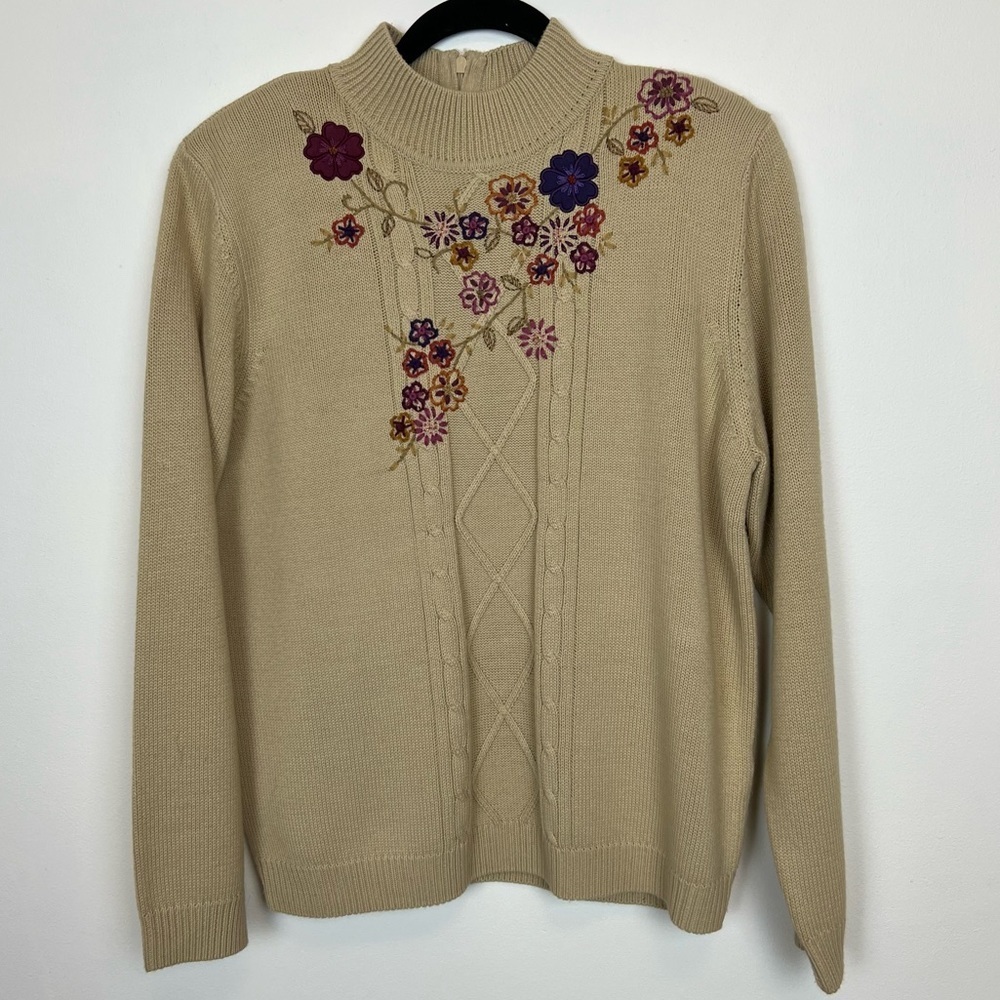 Vintage Alfred Dunner Knit Sweater- Floral Embroidery Mock Neck Wool Blend
